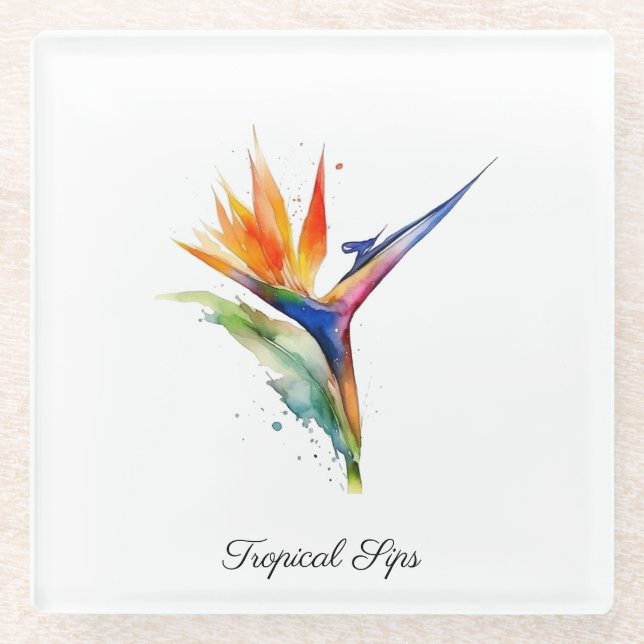 Bird of Paradise Watercolor, custom Glass Coaster (Front)