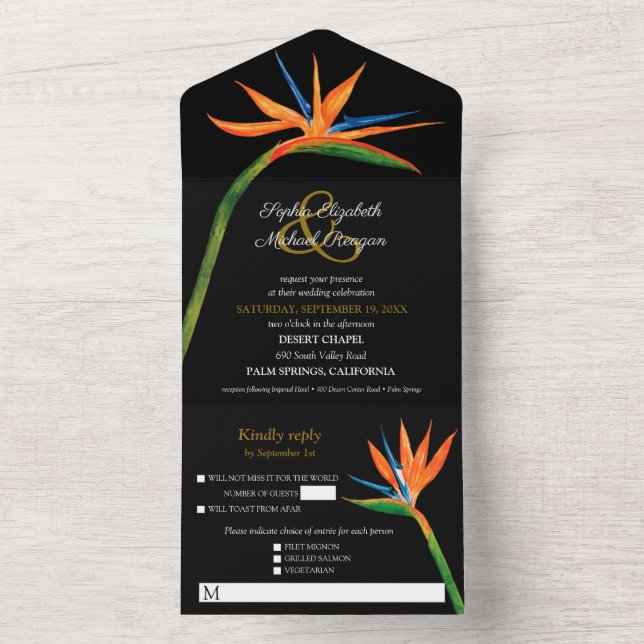 Bird of Paradise Watercolor Wedding All In One Invitation (Inside)