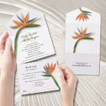 Bird of Paradise Watercolor Wedding All In One Invitation<br><div class="desc">Elegant tropical bird of paradise flowers accent these tri-fold wedding invitations with your details in chic lettering in sections on the front and back and a detachable RSVP card for guests to complete and return. **REMEMBER to put a stamp on the RSVP card section and include envelopes on your order...</div>