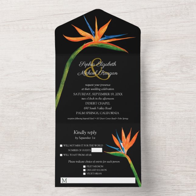 Bird of Paradise Watercolor Wedding All In One Invitation (Inside)