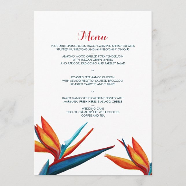 Bird of Paradise Watercolor Wedding Menu (Front)