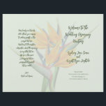 Bird of Paradise Wedding Program Template<br><div class="desc">Folded wedding program template with orange bird-of-paradise flowers.  Pale green paper with four pages to customise in script and printed dark green text.  Include a message to family and friends on the last page / back of program when folded.</div>