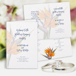 Bird of Paradise Wedding Program Template<br><div class="desc">Folded wedding program template with orange bird-of-paradise flowers. White paper with four pages to customise in script and printed dark blue text. The big floral background will wrap around from the front page to the back. Inside a smaller flower decorates the bottom centre of the page. Include a message to...</div>
