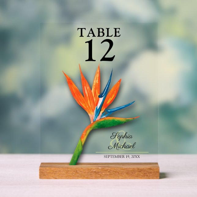 Bird of Paradise Wedding Table Number Acrylic Sign (Neutral)