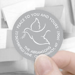Bird of Peace Holiday Dove Grey Return Address Classic Round Sticker<br><div class="desc">Wish family and friends the simple gift of peace for the holidays with these elegant grey and white round return address envelope seals. All text on this template, including "Peace to you and yours" is easy to customise to include any wording, such as Merry Christmas, Happy Holidays, Happy Hanukkah, Seasons...</div>