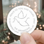 Bird of Peace Holiday Dove White  Return Address Classic Round Sticker<br><div class="desc">Wish family and friends the simple gift of peace for the holidays with these elegant white and grey round return address envelope seals. All text on this template, including "Peace to you and yours" is easy to customise to include any wording, such as Merry Christmas, Happy Holidays, Happy Hanukkah, Seasons...</div>