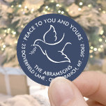 Bird of Peace Navy White Holiday Return Address Classic Round Sticker<br><div class="desc">Wish family and friends the simple gift of peace for the holidays with these elegant navy blue and white round return address envelope seals. All text on this template, including "Peace to you and yours" is easy to customise to include any wording, such as Merry Christmas, Happy Holidays, Happy Hanukkah,...</div>