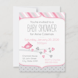 Bird on a Branch Pink Baby Shower Invitation