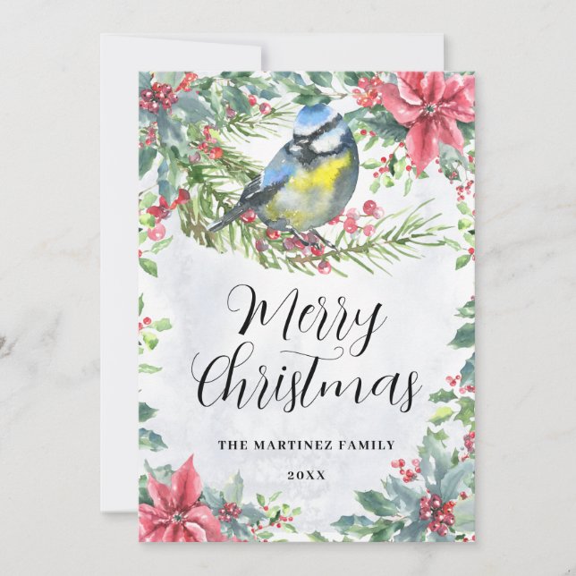 Bird on a Branch Poinsettia Merry Christmas Holiday Card (Front)