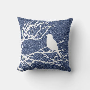 Bird on a Branch, White Against Navy Blue Cushion