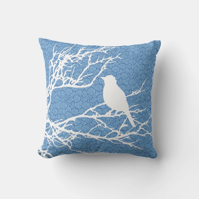 Bird on a Branch, White Against Sky  Blue Cushion (Front)