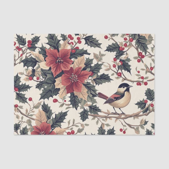 Bird on a Branch with Berries and Poinsettias Tissue Paper (Front)