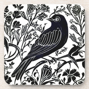 Bird on a Branch with Flowers in Black and White Coaster