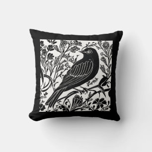 Bird on a Branch with Flowers in Black and White Cushion