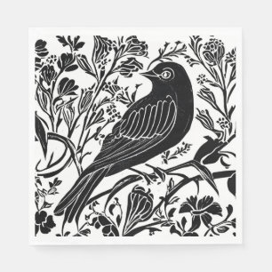 Bird on a Branch with Flowers in Black and White Napkin