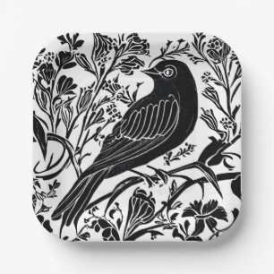 Bird on a Branch with Flowers in Black and White Paper Plate