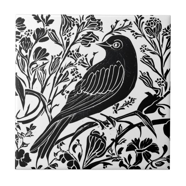 Bird on a Branch with Flowers in Black and White Tile (Front)