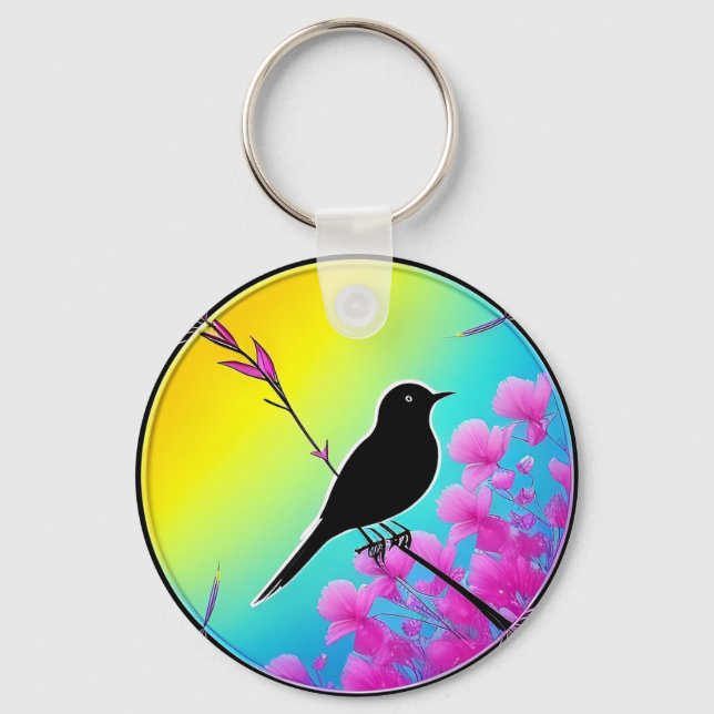 Bird On A Branch With Vibrant Artistic Backdrop Key Ring (Front)