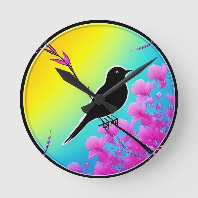 Bird On A Branch With Vibrant Artistic Backdrop Round Clock (Front)
