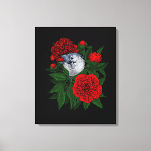 Bird on a red peony bouquet canvas print