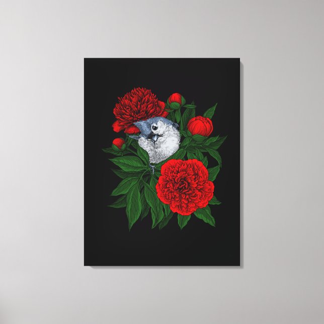 Bird on a red peony bouquet canvas print (Front)