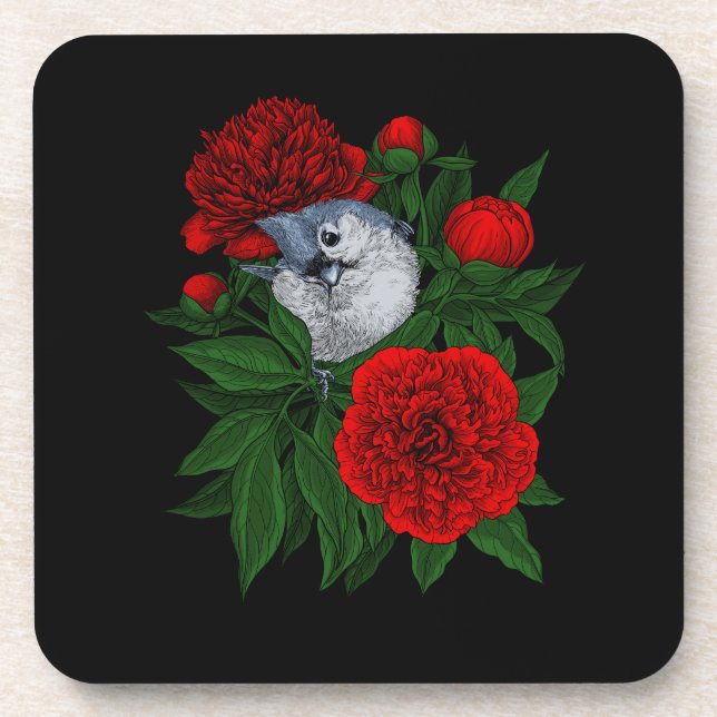 Bird on a red peony bouquet coaster (Front)