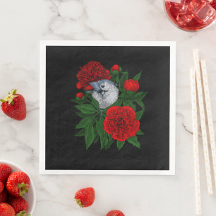 Bird on a red peony bouquet napkin