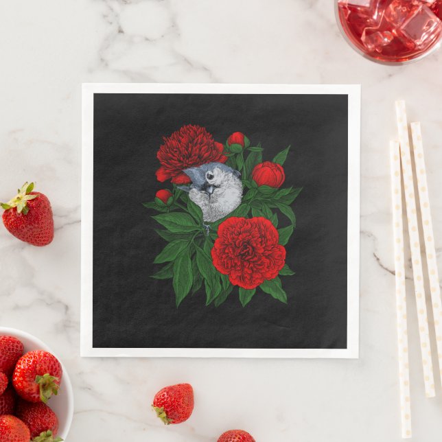 Bird on a red peony bouquet napkin (Insitu)