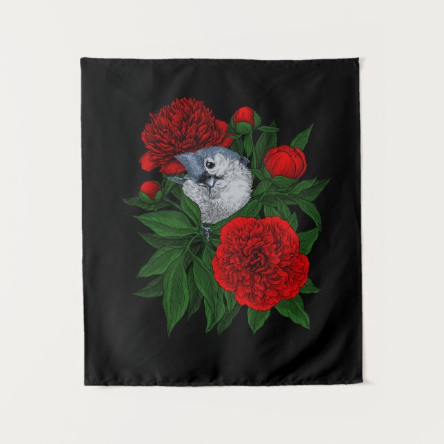 Bird on a red peony bouquet tapestry (Front)