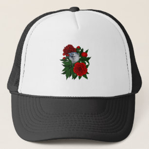 Bird on a red peony bouquet trucker hat