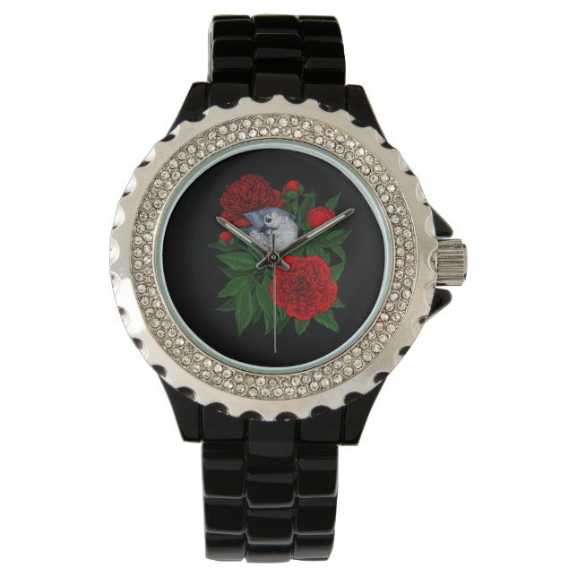 Bird on a red peony bouquet watch (Front)