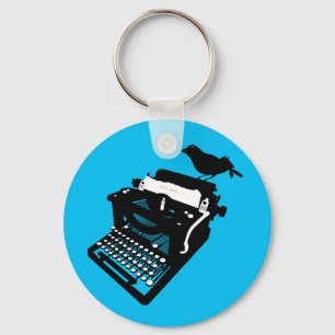 Bird on a Typewriter Keychain (blue background)