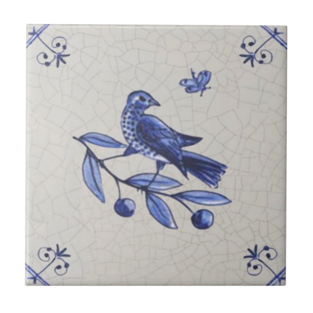 Bird on Branch w/ Butterfly Early Blue Delft Repro Tile (Front)