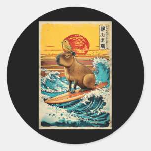 Bird On Capyra Surfing Greatwave Anime Kawaii Japa Classic Round Sticker