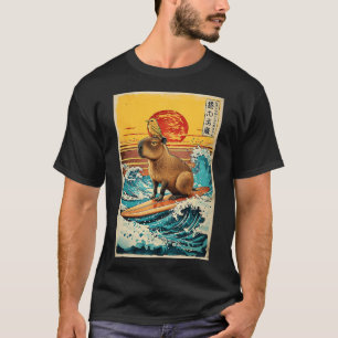 Bird On Capyra Surfing Greatwave Anime Kawaii Japa T-Shirt