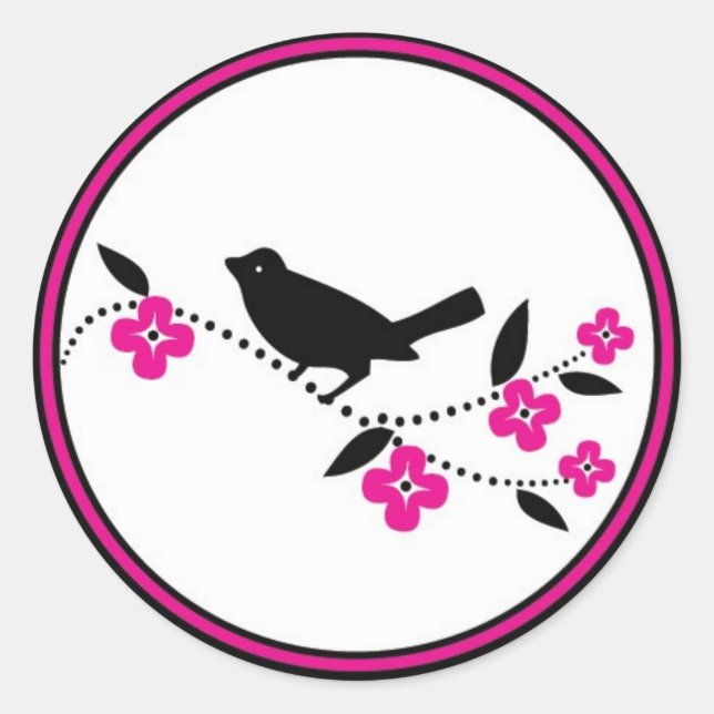 Bird on Cherry Blossom Branch Classic Round Sticker (Front)