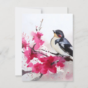 Bird on cherry branch in flowers, painting postcard