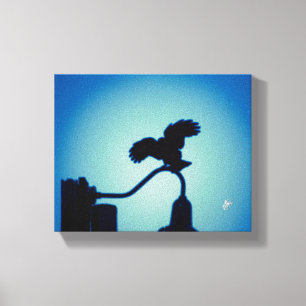Bird on Curved Lamp Post Blue Halo Art Canvas Print