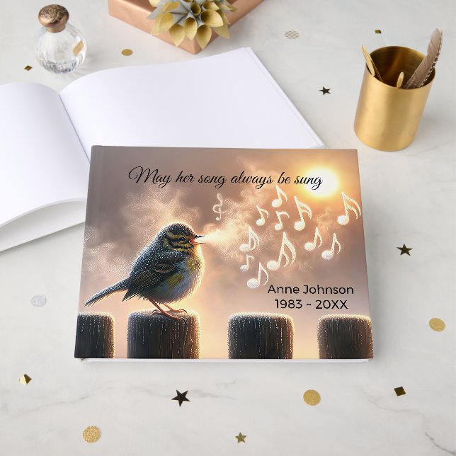Bird On Fence With Musical Notes Memorial Guest Book (Front Open)