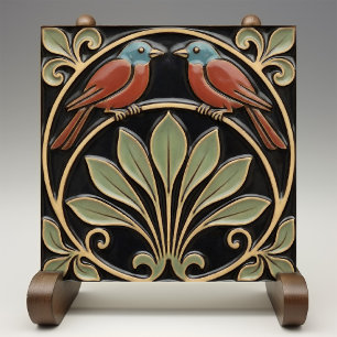 Bird on Flowers Art Deco Nouveau Faux Relief Tile