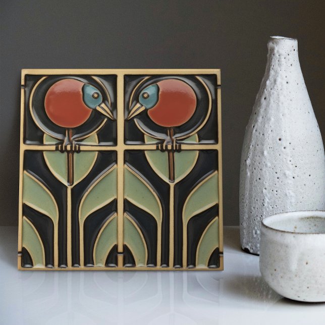 Bird on Flowers Art Deco Nouveau Wall Decor Tile (Creator Uploaded)