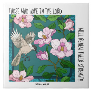 Bird on Flowers, w verse from Isaiah 40:31 Tile