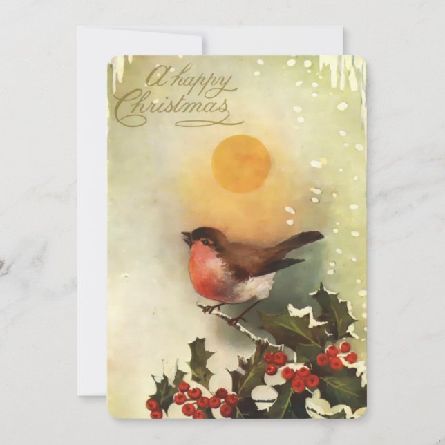 Bird On Holly Branch Vintage 1906 Holiday Card (Front)