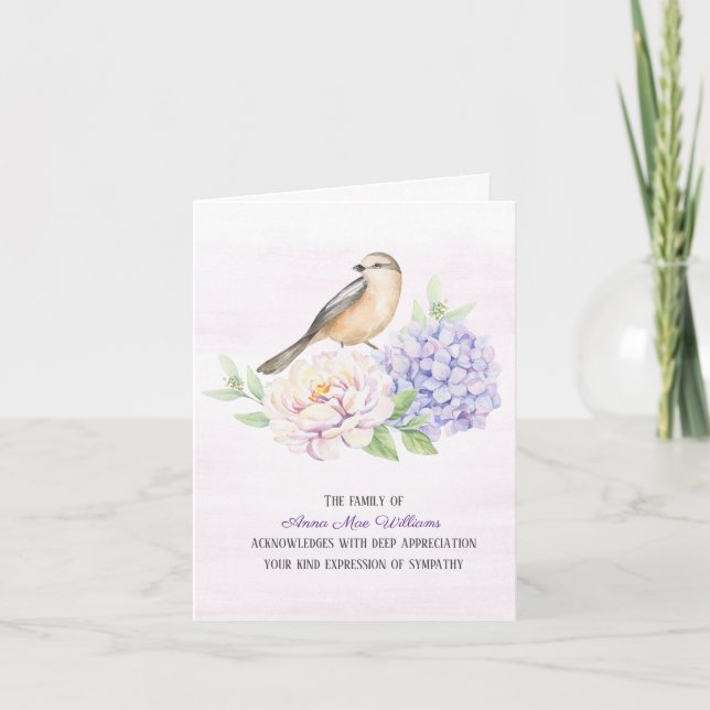 Bird on Hydrangea Sympathy Thank You Card (Front)