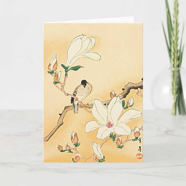 Bird on Magnolia Tree Japanese Woodblock Print Card (Front)