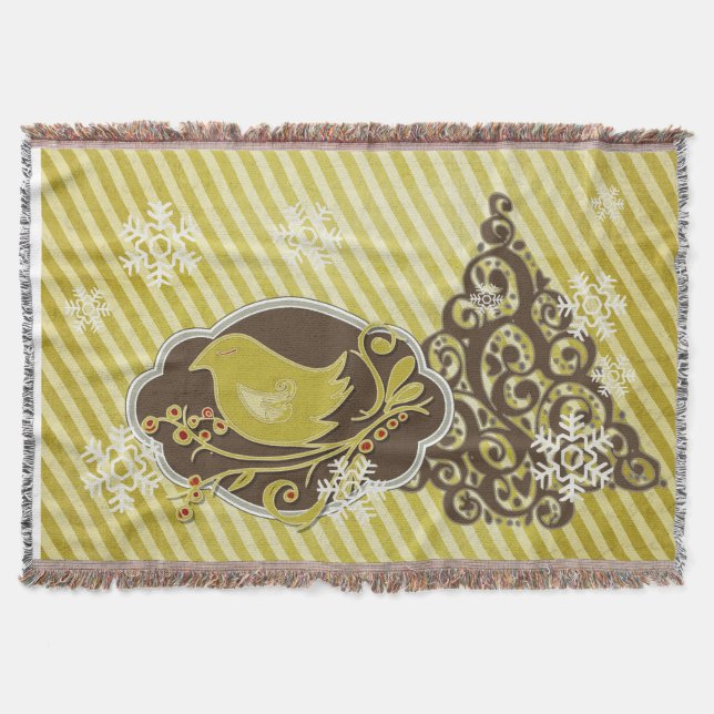 Bird on Olive Stripe Holiday Throw Blanket (Front)