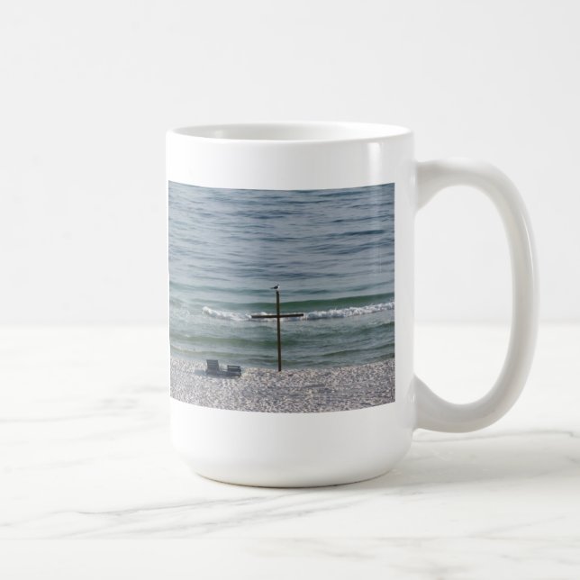 Bird on Wooden Cross by the Ocean Coffee Mug (Right)
