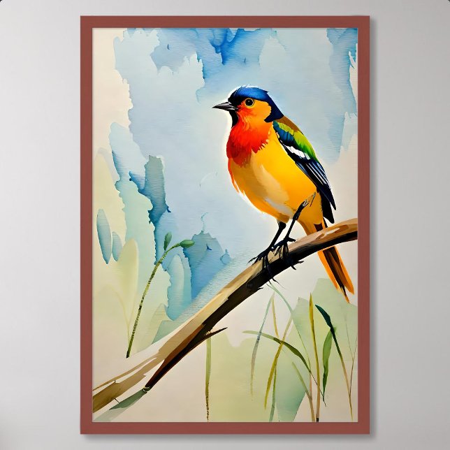 Bird Painting of Colourful Elegant Songbird on Twi Poster (Bird Painting of Colorful Elegant Songbird on Twig)
