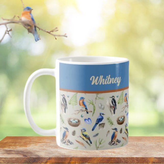 Bird Pattern Kingfisher, Blue Jay, Woodpecker Name Coffee Mug (Creator Uploaded)