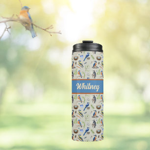 Bird Pattern Kingfisher, Blue Jay, Woodpecker Name Thermal Tumbler